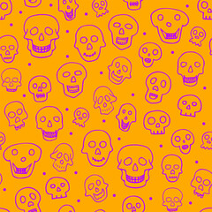 Doodle Halloween sculls seamless pattern. Violet Skeleton on orange background. Hand-drawn scary cranium. Mystical sketch character. Vector illustration for spooky autumn holiday, The day of the Dead