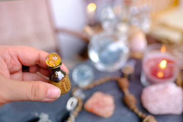 spiritualistic session in salon of soothsayer, fortune-teller, hands of female medium, alchemist,...