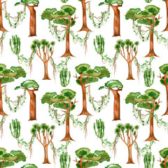 Seamless pattern, savanna trees with green crowns and brown trunks of baobab, acacia painted in watercolor on a white background. Suitable for printing on fabric and paper, for scrapbooking.