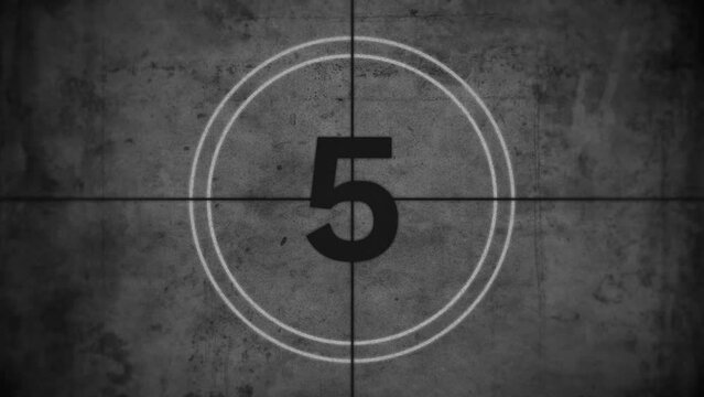 Realistic vintage old movie SMPTE universal countdown film leader intro animation with film shake and dust and scratches. 