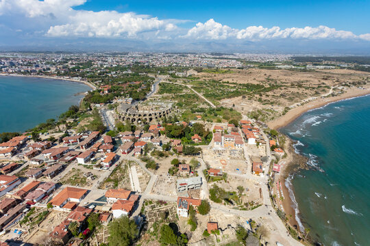 Aerial view of the ancient theatre in Side, Antalya, Turkey.
