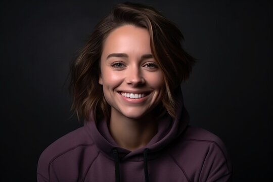 Portrait Of A Beautiful Young Woman In A Purple Hoodie On A Black Background