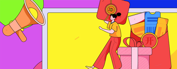 Holiday Shopping E-Commerce Online Shopping People Flat Vector Concept Operation Hand Drawn Illustration
