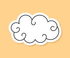 Vector Retro Cloud sticker isolated on yellow background. 70s style cartoon icon white contour