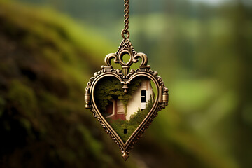House in a heart-shaped pendant. mortgage, investment, rent, real estate, and property concept