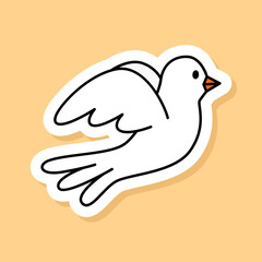Vector Dove sticker isolated on yellow background. 70s style cartoon icon white contour