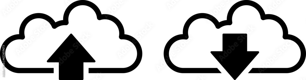 Poster cloud internet data upload and download with up and down arrow black and white flat icon set. vector