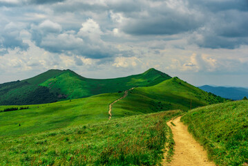 Fototapeta premium Bieszczady Mountains, landscape on a beautiful day, view of the pastures