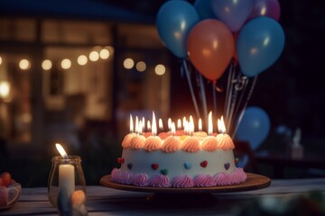 festive cake with candles on a background of balls. Holiday concept. Birthday cake with candles on a colorful background. generative ai.
