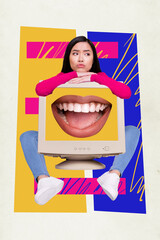 Vertical creative illustration photo collage of upset dissatisfied girl hold hands on monitor cyberbullying isolated drawing background