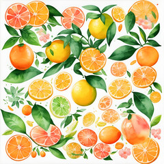 Watercolor citrus cartoon. AI generated illustration