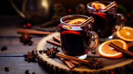 Mulled Wine with orange and spice close-up view - obrazy, fototapety, plakaty