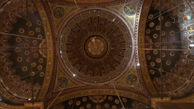 Mosque of Muhammad Ali dome interior isalamic beautiful architecture ceiling pattern and lighting chandelier in Cairo Egypt