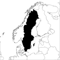 Map of an outline of the country of Sweden highlighted in black isolated on a white background with the surrounding countries outlined