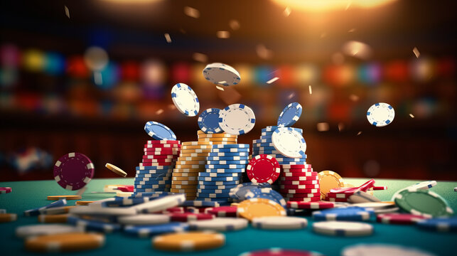 Set of casino poker chips falling from the air onto a beautiful game table