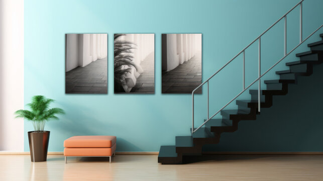 Vibrant indoor hallway mockup with 3 canvas frames on the wall and design stairs