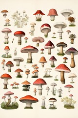 Simple clean botanical illustration of redcap mushroom varieties on a tan background.
