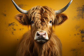 Single highland cow portrait isolated on plain background - obrazy, fototapety, plakaty
