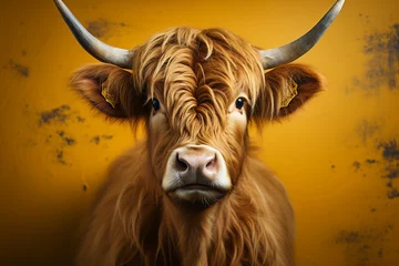 Foto op Canvas Single highland cow portrait isolated on plain background © Caseyjadew