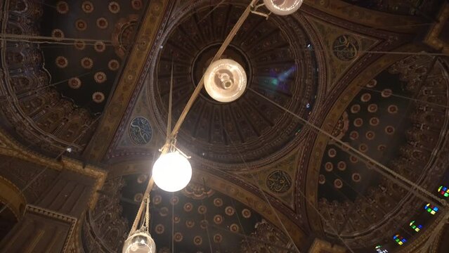 Mosque of Muhammad Ali interior isalamic beautiful architecture ceiling pattern and lighting chandelier in Cairo Egypt