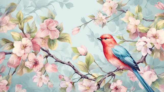 Watercolor Bird Sitting on a branch with flowers