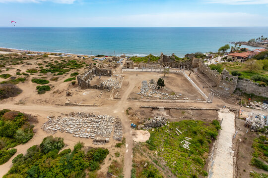Aerial view of historical ruins in Side, Antalya, Turkey.