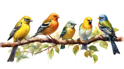 Cute Watercolor Birds Sitting on a branch with white background