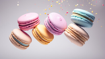 Close up of several macaroons flying in the air on pastel plain background