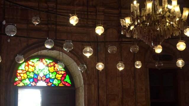 Mosque of Muhammad Ali interior isalamic beautiful architecture stained glass and lighting chandelier in Cairo Egypt