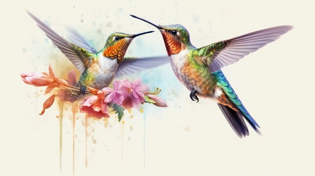 Cute Watercolor Hummingbirds with flowers