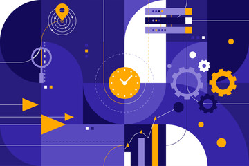Fototapeta na wymiar Colorful, creative and modern business infographic flat design with data, charts, setups, technology and network icons in yellow and purple. Editable vector file