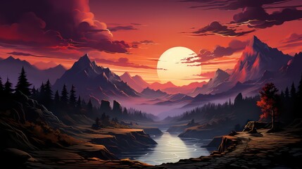 A landscape with Mountains, river and sunset Sky