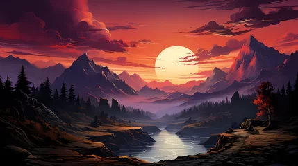 Poster A landscape with Mountains, river and sunset Sky © Usablestores