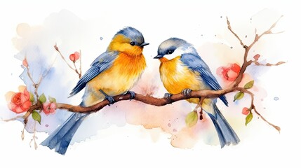 Cute Watercolor Hummingbirds couple on a branch