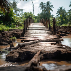 Wooden broken derelict brown bridge in the mud dirt soil with lush green trees in the background