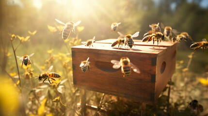Bees on a beehive - obrazy, fototapety, plakaty