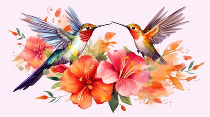 Cute Watercolor Hummingbirds with flowers