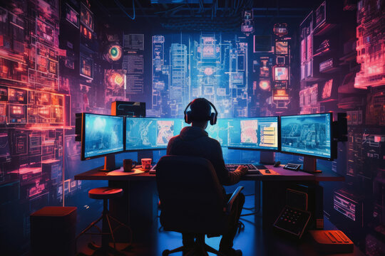 anonymous hacker in headphones works with computer on digital effects background, Generative AI