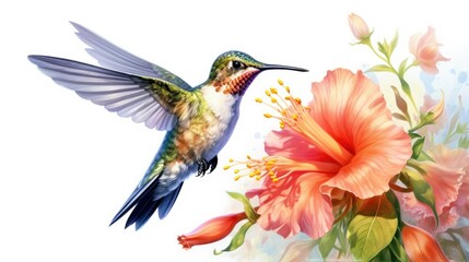 A Watercolor Hummingbird with flowers over white background