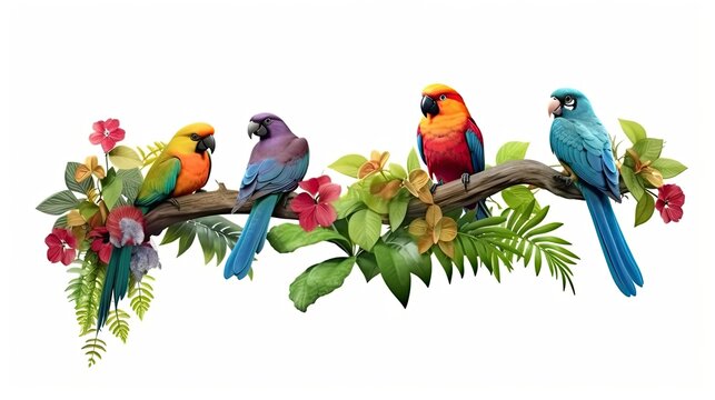 Cute Watercolor Tropical birds on the branches of a tree