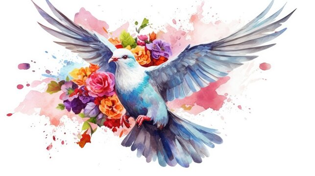 watercolor dove of peace with flowers over white background