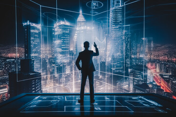 businessman or corporate employee in suit managing business with holographic interface on background of cityscape, Generative AI