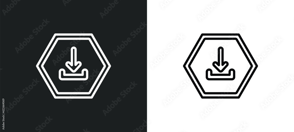 Poster downloading file outline icon in white and black colors. downloading file flat vector icon from web 