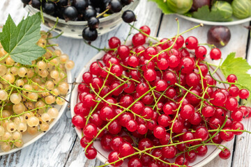 Close up various summer berries on a white wooden table. Blur and selective focus. Top view