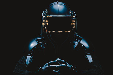 Fototapeta premium futuristic data guard in VR headset on dark black background, Generative AI