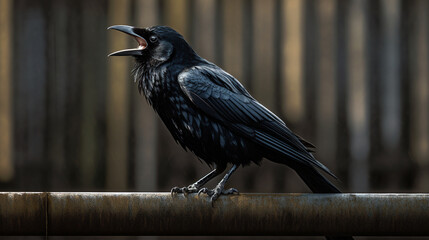 raven on a fence  HD 8K wallpaper Stock Photographic Image