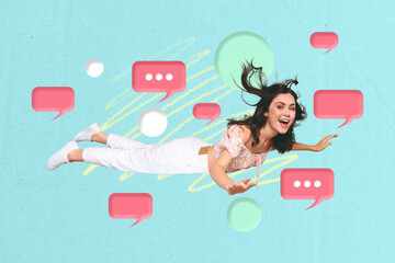 Unusual creative collage banner of millennial lady appear in virtual reality by using chatting...