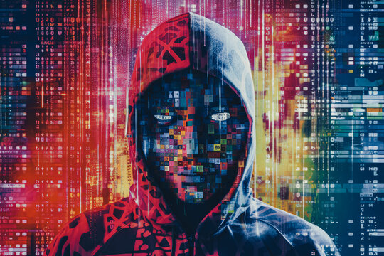 hacker in mask on dark background with digital effects, Generative AI
