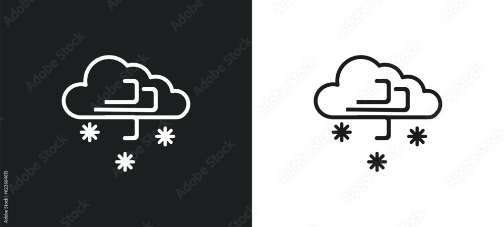 Poster snow storms outline icon in white and black colors. snow storms flat vector icon from weather collec