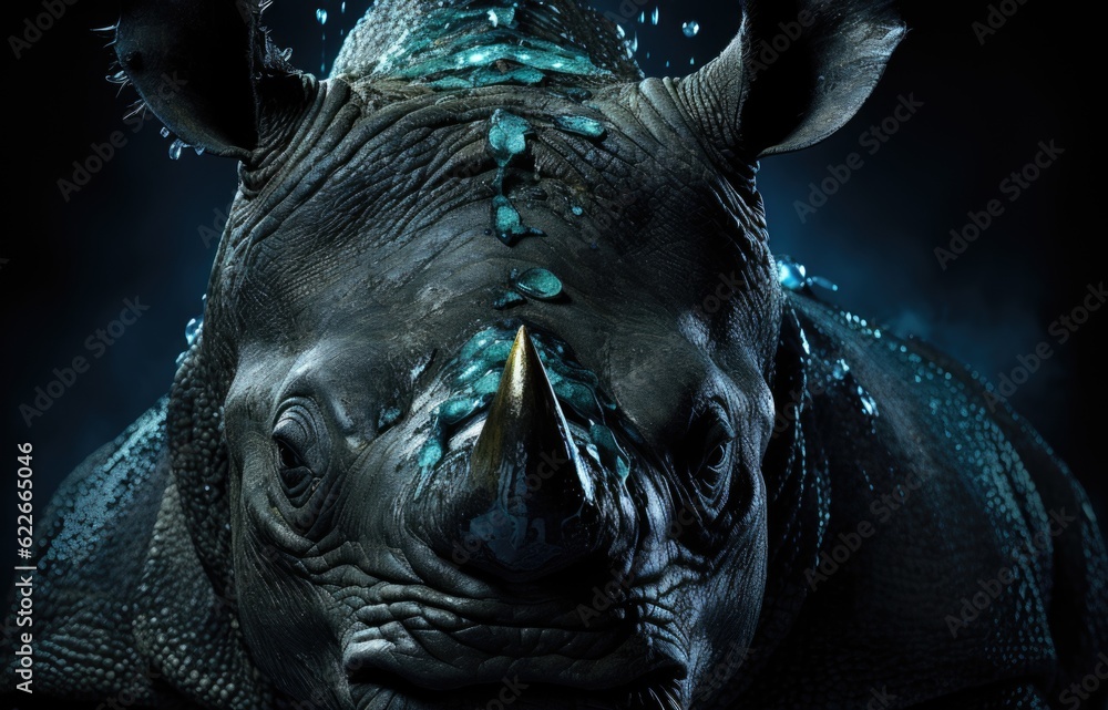 Poster a close up of a rhino in the dark. generative ai image.